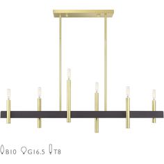 a large rectangular light fixture with four candles on each end and two black bars hanging from the ceiling