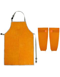 two orange aprons and one white apron are next to each other on a white background