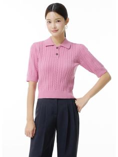 Composition : Outer Fabric: 41% Acrylic, 30% Polyester, 29% CottonColor : BLUE_5(55),BLUE_6(66),PINK_5(55),PINK_6(66)Country of Origin : China Spring Polo Sweater In Pointelle Knit, Classic Pink Top With Ribbed Collar, Pink Knit Tops With Ribbed Collar, Fitted Fine Knit Polo Sweater For Spring, Chic Pink Pointelle Knit Top, Chic Pink Knitted Top, Pink Tops With Ribbed Collar For Spring, Fitted Textured Knit Polo Sweater For Spring, Fitted Polo Sweater For Spring