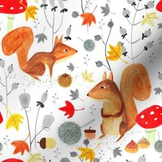 a painting of squirrels and mushrooms on a white background