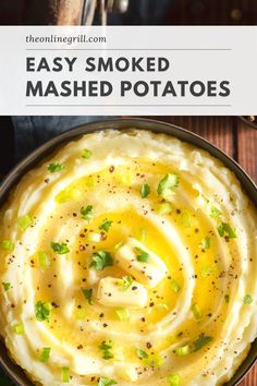 mashed potatoes in a bowl with text overlay that reads easy smoked mashed potatoes