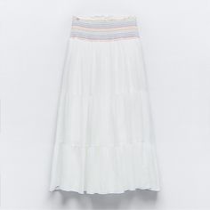 Zara Smocked Maxi Skirt With Embroidered Stitching Size Large Nwt Maxi Skirt With Smocked Waist White With Multi Color Threaded Stripes Beach Cotton Skirt With Smocked Bodice, Beach Skirt With Smocked Bodice In Cotton, Beach Skirt With Smocked Bodice, White Cotton Bottoms With Smocked Back, Casual Smocked Dress With Gathered Skirt, Casual Summer Skirt With Embroidered Hem, Cotton Tiered Skirt With Smocked Bodice, White Skirt With Smocked Bodice For Beach, White Tiered Skirt With Smocked Bodice