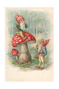 an old fashioned postcard with two gnomes on top of a mushroom