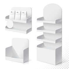 a set of three white cardboard shelves with dividers