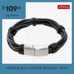 Our black leather bracelet is thick and sturdy for a strong look with a stainless steel magnetic clasp for easy on-off.Materials: Black LeatherJewelry Closure: MagneticDimensions: 14mm WideJewelry photos are enlarged to show detail.Features: Quick ShipMetal Color: WhiteChain Length: 9 InchCare: Wipe CleanBracelet Type: Chain BraceletsMetal: Stainless SteelCountry of Origin: Imported Modern Black Leather Bracelet With Stainless Steel Clasp, Black Stainless Steel Leather Bracelet For Everyday, Black Leather Band Jewelry, Black Leather Jewelry With Black Band, Adjustable Black Leather Bracelet With Stainless Steel Clasp, Black Leather Bracelets With Leather Strap, Black Leather Bracelet With Leather Strap, Black Leather Strap Bracelets, Classic Black Leather Jewelry