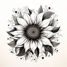 a black and white drawing of a sunflower