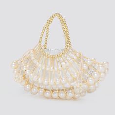 Nimue Pearl Beaded Golden Fan Evening Bag Pearl Clutch Bag, Pearl Clutch, Pearl Decorations, Beaded Bags, Pouch Bag, Gold Beads, Pearl Beads, Evening Bags, Purses And Handbags