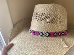 "5/8\" wide All bead work is beaded with 10lb extreme braided nylon line. All hat bands are finished at 23\" with glued than sewed down leather ends and an adjustable leather tie." Adjustable Handwoven Straw Hat For Rodeo, Handmade Adjustable Straw Hat For Western-themed Events, Adjustable Braided Hat Bands For Rodeo, Adjustable Handmade Straw Hat For Western-themed Events, Traditional Adjustable Handwoven Hat Bands, Custom Adjustable Hat Bands For Festivals, Adjustable Beach Hat Bands, Country Style Woven Hat Band For Rodeo, Handmade Adjustable Hat Bands For Rodeo