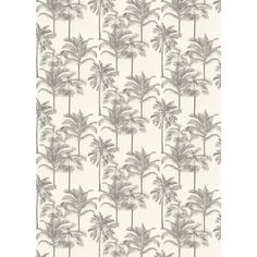 a wallpaper with palm trees in grey and white on a cream groundcloth background