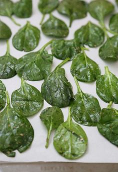 spinach leaves on a cutting board ready to be cut and put into the oven