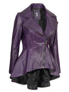 Crafted from high-quality leather, this Women's Purple Peplum Jacket is the perfect addition to your wardrobe. The asymmetrical design adds a touch of edge, while the peplum detail flatters your figure. Versatile and stylish, it's sure to become a staple in your closet. Specifications: 100% Real Lambskin Leather Soft polyester lining on the entire interior Smooth asymmetrical zip closure Peplum waist for a feminine touch Available in purple color finishing Also available in black color Sizes ava Peplum Leather Jacket, Asymmetrical Leather Jacket, Purple Leather Jacket, Stylish Leather Jacket, Distressed Leather Jacket, Tan Leather Jackets, Frock Style, Leather Peplum, Peplum Jacket