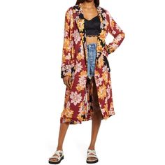 A Bold Floral Print Adds Timeless Sophistication To A Flowy, Longline Duster That's A Standout Layering Piece. 47" Length (Size Medium) Front Button Closure Notched Lapels Front Patch Pockets 100% Viscose Dry Clean Or Machine Wash, Tumble Dry Imported Women's Clothing Brand New Items 100% Authentic Line Through Name Tags (Inside Tag) Only Done To Prevent Store Returns Ig-10 Preppy Business Casual, Embroidered Leather Jacket, Floral Print Jacket, Bold Floral Print, Duster Jacket, Orange Blouse, Free People Jacket, Free People Denim, Embroidered Sweater