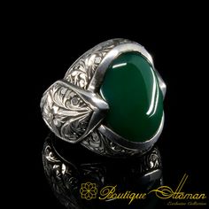 Hand-Engraver-Special-Green-Aqeeq-Silver-Men-Ring-BOM-3068-3-1 Luxury Green Collectible Rings, Luxury Engraved Green Rings, Handmade Luxury Emerald Ring For Formal Occasions, Luxury Handmade Emerald Ring For Formal Occasions, Handmade Luxury Emerald Ring, Hand Engraved Rings, Silver For Men, Silver Handmade Jewelry, Stone Engraving