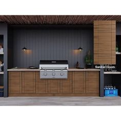 an outdoor kitchen with built - in grill and shelving units on the side wall