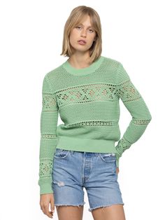 100% Cotton in 7-gauge knit Model is wearing size Small Hand Wash Cold or Dry Clean Only Unit (inch) XS S M L Body length 21 1/2 22 22 1/2 23 Shoulder 13 3/4 14 3/4 15 3/4 16 3/4 Chest 15 3/4 16 3/4 17 3/4 18 3/4 Sleeve length 22 1/2 23 23 1/2 24 Trendy Green Pointelle Knit Sweater, Spring Textured Knit Sweater In Relaxed Fit, Green Pointelle Knit Sweater, Fitted Soft Knit Sweater For Spring, Fitted Textured Knit Spring Sweater, Fitted Textured Knit Sweater For Spring, Spring Trendy Pointelle Knit Sweater, Pointelle Knit Sweater For Spring, Spring Fitted Knitted Sweater