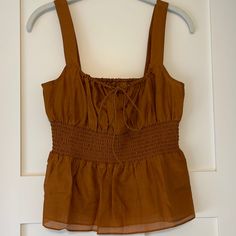 Mustard Yellow Top, J.Crew Site Says Color Is Burnished Pecan, Ties At Chest, Perfect Condition, Never Worn, Size Xs Casual Smocked Top With Tie Straps For Spring, Fitted Tops With Gathered Waist For Daywear, Casual Sleeveless Smocked Top With Tie Straps, Summer Daywear Tops With Drawstring, Summer Tops With Drawstring, Summer Tops With Drawstring For Daywear, Summer Drawstring Tops For Daywear, Fitted Tops With Drawstring Tie For Day Out, Fitted Casual Top With Gathered Waist