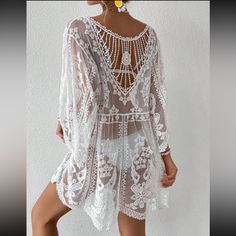 White Embroidered Mesh Sheer Cover Up Dress - Absolutely Gorgeous End Of Summer Sale This Is A Beautiful Lace Cover For The Beach, Looks Romantic And Oh So Elegant. Product Measurements Bust: 41.7 Inches Shoulder: 18.9 Inches Sleeve Length: 13 Inches Length: 31.5 Inches Cuff: 29.9 Inches 65% Polyamide & 35% Polyester *Please Note: These Items Are Brand New - I Buy In Bulk And There Are No Tags 2-3 Day Priority Mail Shipping Usps White Sheer V-neck Cover-up, White Lace Cover-up For Spring, Embroidered Long Sleeve Cover-up For Vacation, White Spring Party Cover-up, White Intricate Embroidery Vacation Dress, White Floral Embroidered Beachwear Dress, White Dresses With Intricate Embroidery For Vacation, White Dress With Intricate Embroidery For Vacation, Embroidered V-neck Cover-up