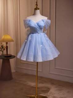 Blue Blue Homecoming Dress With Sleeve, Blue Short Dresses With Puffy Sleeves, Blue And Gold Prom Dress Short, Light Blue White Prom Dress Short, Prom Dresses Baby Blue Luulla Short, Cheap Blue Princess Dress For Spring, Cheap Light Blue Dresses With Ruffles, Light Blue Dress Short Homecoming, Puffy White Blue Dresses