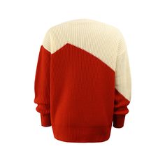 Red Contrast Round Collar Pullover Knit Sweater Red Winter Sweater With Ribbed Cuffs, Red Knit Tops With Ribbed Cuffs, Red Long Sleeve V-neck Sweater For Winter, Cozy Red Crew Neck Cardigan, Cozy Red Sweater With Ribbed Cuffs, Red Knit Color Block Sweater, Red Knit Crew Neck Outerwear, Red Color Block Sweater For Fall, Cozy Red Crew Neck Sweater