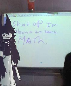 a person standing in front of a whiteboard with writing on it and an animated character next to the board