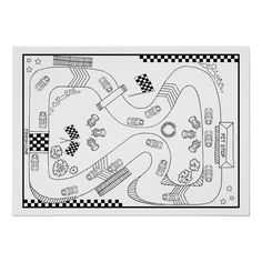 a black and white drawing of a race track with cars on the road in it