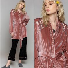 Feel Your Beautiful Self When You Slip On This Luxurious Dusty Pink Velvet Embroidered Robe/Kimono By Pol Very High Quality With Double Lining; Embroidery As Shown; Velvet Tie *Very High Quality Brand *Regular Sizing (Comes In S/M (4-8) Or M/L (8-14) *95% Polyester 5% Spandex *Bell Sleeves *Fully Lined Measurements Laying Flat Armpit To Armpit: S/M 21.5" M/L 23" White Lace Tunic, Embroidered Robe, Light Pink Shirt, Layered Cami, Velvet Tie, Embroidered Robes, Lace Tunic Tops, Floral Tunic Tops, Retro Tops