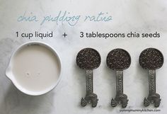 three spoons with oreo cookies on them next to a measuring cup and saucer