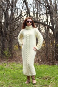 This  unique handmade dress /long sweater is made to give you pleasure and  makes you feel comfortable and stylish.It is suitable for any occasion.With this lovely sweater / dress you will feel beautiful at any time - in everyday life, at work,at home,visit with friends and relatives,in mountain... Wonderful design,warm and soft.Thick and fuzzy...just for you    Color - Cream    Content  - Mohair     Sizes - S, M and L.     Measurements, taken with the dress laid flat, not stretched:   - Body length -  135 sm / 54''   - Width -  50 sm / 20''   - Lenght sleeve from the beginning to the neck - 72 sm / 28.8 ''    Please check carefully the described measurements before you decide to purchase this item.  Thanks for undestanding !  If you want this item in another color ,please contact me.  Pro Hand Knitted Long Sleeve Sweater Dress For Fall, Long Chunky Knit Sweater Dress For Fall, Long Chunky Knit Sweater Dress For Winter, Long Chunky Knit Sweater Dress, Long Purple Dress For Winter, Purple Long Dress For Winter, Hand-knitted Long Sleeve Dress For Fall, Hand Knitted Long Sleeve Dress For Fall, Knitted Long Sweater Dress For Winter