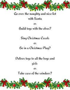 a christmas poem with holly wreaths and bows on the border, which reads give over the mighty and nice list with santa or build toys