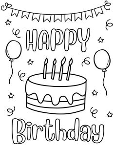 a birthday cake with candles and balloons on it is outlined in black and white for coloring