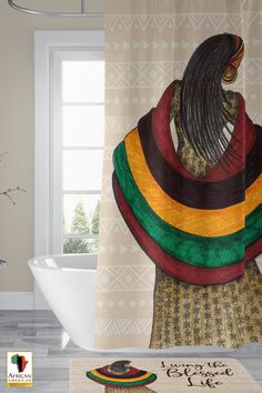 a shower curtain with an image of a woman wrapped in a colorful shawl