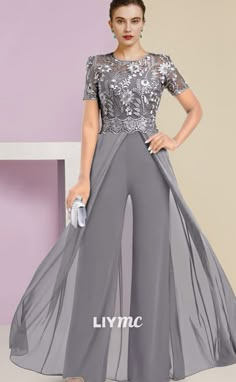 Formal Fitted Lace Sets, Elegant Full-length Mother Of The Bride Dress, Fitted Evening Sets With Short Sleeves, Elegant Full-length Party Sets, Elegant Fitted Sets For Banquets, Elegant Full Length Party Sets, Elegant Fitted Short Sleeve Set, Elegant Short Sleeve Lace Mother Of The Bride Dress, Mother Of The Bride Pants Outfit