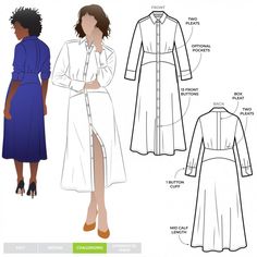 a woman's dress and coat sewing pattern with measurements for the front, back and side views