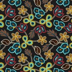 an image of a flower pattern on black fabric with blue, yellow and red flowers