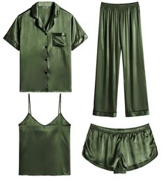 PRICES MAY VARY. 【Premium Material】--- This 4 piece pajama set is made of high-quality satin(95% Polyester, 5% Spandex), which is very soft, lightweight, and comfortable. This lightweight pajama set has a silky texture that will make you feel smooth and shiny, never pilling or fading, and help you sleep well, dreamlike. 【4Pcs Pajama Set】--- Women 4 pcs pjs sets include spaghetti strap cami top, a button-down short sleeve sleepshirt, a pair of shorts, a pair of long pants. This four-piece sets fo Maternity Pajama Set, Bridal Sleepwear, Silk Pjs, Satin Pjs, Christmas Pj, Maternity Pajamas, Satin Sleepwear, Pajamas Sets, Silk Pajama Set