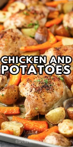 chicken and potatoes on a sheet pan with the words chicken and potatoes overlayed