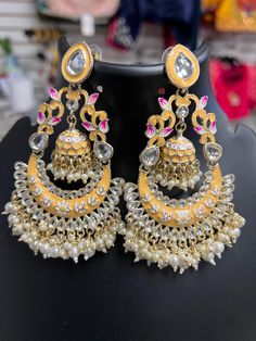 Meenakari earrings  Chandbali all Blouses come with margin inside for resizing / customization, please leave a message Luxury Meenakari Chandbalis For Designer Wear, Luxury Festive Meenakari Chandelier Earrings, Temple Jewelry Style Meenakari Chandbalis, Traditional Meenakari Chandbalis, Traditional Dual-tone Danglers, Traditional Dual-tone Round Earrings, Multicolor Chandbali Chandelier Earrings, Multicolor Chandbali Earrings With Cutdana, Traditional Dual-tone Earrings For Diwali