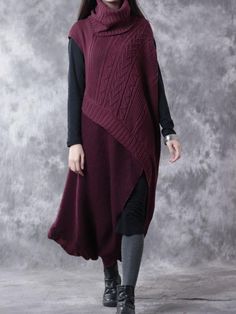 Material:50% cotton, 35% wool, 15% acrylicCollar: High NeckSleeve:Long sleeveColor:Red , GrayWaist Type:Loose waistStyle :Casual Season: Spring, Autumn, Winter Clothing version type: Irregular typeThickness: conventional modelsCombination: two-piecePattern: PlainStyle details: stitching, asymmetryWool thickness: fine wool Free Size Outer layer Bust: 124 cm/ 48.82 "Waist: UnlimitedHem: UnlimitedShoulder: 41 cm/ 16.14 "Arm: 34 cm/ 13.39 "Sleeve Length： UnlimitedLength: 114 cm/ 44.88 " Base skirt B Long Sleeve Cotton Dress, Stitching Dresses, Boho Style Dresses, Hem Design, Asymmetrical Design, Knit Sweater Dress, Red Wool, Cozy Fashion, Two Piece Outfit