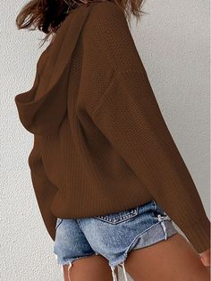 Solid Dolman Long Sleeve Button Hooded Loose Knitted Sweater Brown Waffle Knit Sweater For Winter, Brown Waffle Knit Winter Sweater, Brown Knitted Hoodie, Brown Knit Hoodie For Winter, Hooded Sweater With Buttons For Fall, Hooded Button Sweater For Fall, Brown Hooded Sweater For Cold Weather, Brown Knitted Long Sleeve Hoodie, Brown Knitted Hoodie For Fall