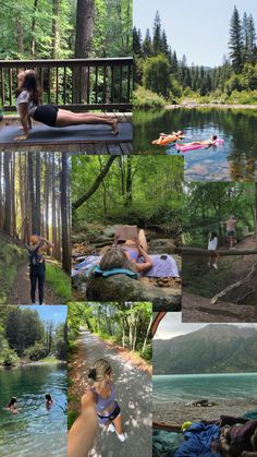 a collage of photos with people in the water and on their stomachs,