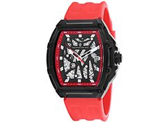 Stainless steel case, Rubber strap, Black dial, Automatic movement, Scratch resistant mineral, Water resistant up to 5 ATM - 50 meters - 165 feet //  CV6197 Modern Red Watch With Rectangular Dial, Modern Red Rectangular Watch, Red Watch With 10atm Water Resistance And Round Dial, Red Analog Outdoor Watch, Red Outdoor Analog Watch, Red Outdoor Watch With 10atm Water Resistance, Red Chronograph Watch With Subdials For Outdoor, Red Outdoor Watch With Subdials, Mineral Water