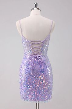 Amzcw Sparkly Purple Bodycon Spaghetti Straps Short Homecoming Dress with Sequins Purple Spaghetti Strap Dress With Corset Back, Purple Homecoming Dress With Corset Back, Purple Dress With Adjustable Spaghetti Straps, Purple Party Dresses With Straps, Sleeveless Purple Dress With Adjustable Straps, Purple Sequined Spaghetti Strap Dress, Purple Fitted Dresses With Adjustable Straps, Fitted Purple Dress With Adjustable Straps, Purple Mini Dress With Sequins And Spaghetti Straps