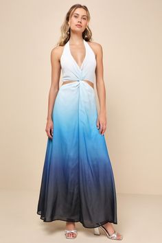 Sipping cocktails in the sunshine is always cuter in the Lulus Exceptional Choice Blue Ombre Twist-Front Halter Maxi Dress! Lightweight woven chiffon, with an eye-catching ombre pattern throughout, shapes this essential dress that has a tying halter neckline and a flattering twist-front design with cutout details at the waist. Skirt has a flaring silhouette, finishing at a maxi hem. Hidden zipper/clasp at back. Fit: This garment fits true to size. Length: Mid-calf length. Size medium measures 58 Blue V-neck Maxi Dress For Poolside, Chic Beach Dress For Summer Parties, Blue Sleeveless Beach Dress For Summer Parties, Maxi Length Dresses For Summer Parties, Blue V-neck Dress For Summer Parties, Beachy Maxi Party Dress, Summer Evening Beach Dress, Blue Sleeveless Maxi Dress For Summer Parties, Summer Beach Dress For Spring Party