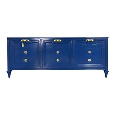 a blue dresser with gold handles and drawers on the front, against a white background