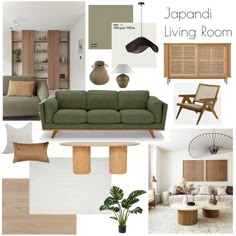 a living room with green couches and wooden furniture in the center, along with white walls