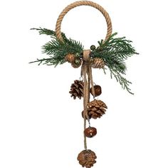 a pine cone hanging from a rope with cones and evergreen leaves on it's end