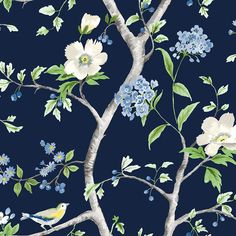 Floral Trail Navy Blue and Spring Green Navy Blue Floral Wallpaper, Watercolor Branches, Solid Backdrop, Formal Room, Magnolia Wallpaper, Lillian August, Watercolor Elements, Drops Patterns, Blue Spring