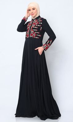 Discover the perfect fusion of elegance and practicality with our Women's Abaya, meticulously crafted to elevate your wardrobe. Featuring modern cross stitch embroidery on the bodice, this abaya exudes sophistication and timeless charm. The addition of two discreet pockets ensures functionality without compromising on style, providing ample space to keep essentials close at hand. Designed for effortless sophistication, a hidden button placket maintains a clean, streamlined front, while waist gathers create a graceful drape that enhances the figure beautifully. A refined stand collar completes the look with understated elegance, framing the face with finesse. Crafted from premium fabric, this abaya promises luxurious comfort and versatility, making it an essential piece for both formal occa Abaya With Pockets, Black Abaya, Modern Cross, Understated Elegance, Stitch Embroidery, Modern Cross Stitch, Button Placket, Cross Stitch Embroidery, Stand Collar