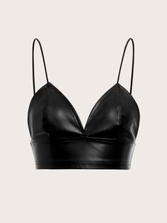 Negro Sexy Collar  Cuerina Liso Tirantes Embellished No-Elástico Leather Bra Outfit, Black Bra Top Outfit, Black Leather Top Outfit, Leather Crop Top Outfit, Black Leather Outfits, Leather Top Outfit, Leather Tops Women, Black Leather Crop Top, Black Bra Top