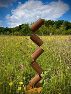 a rusty pipe sticking out of the ground in a field with wildflowers and trees